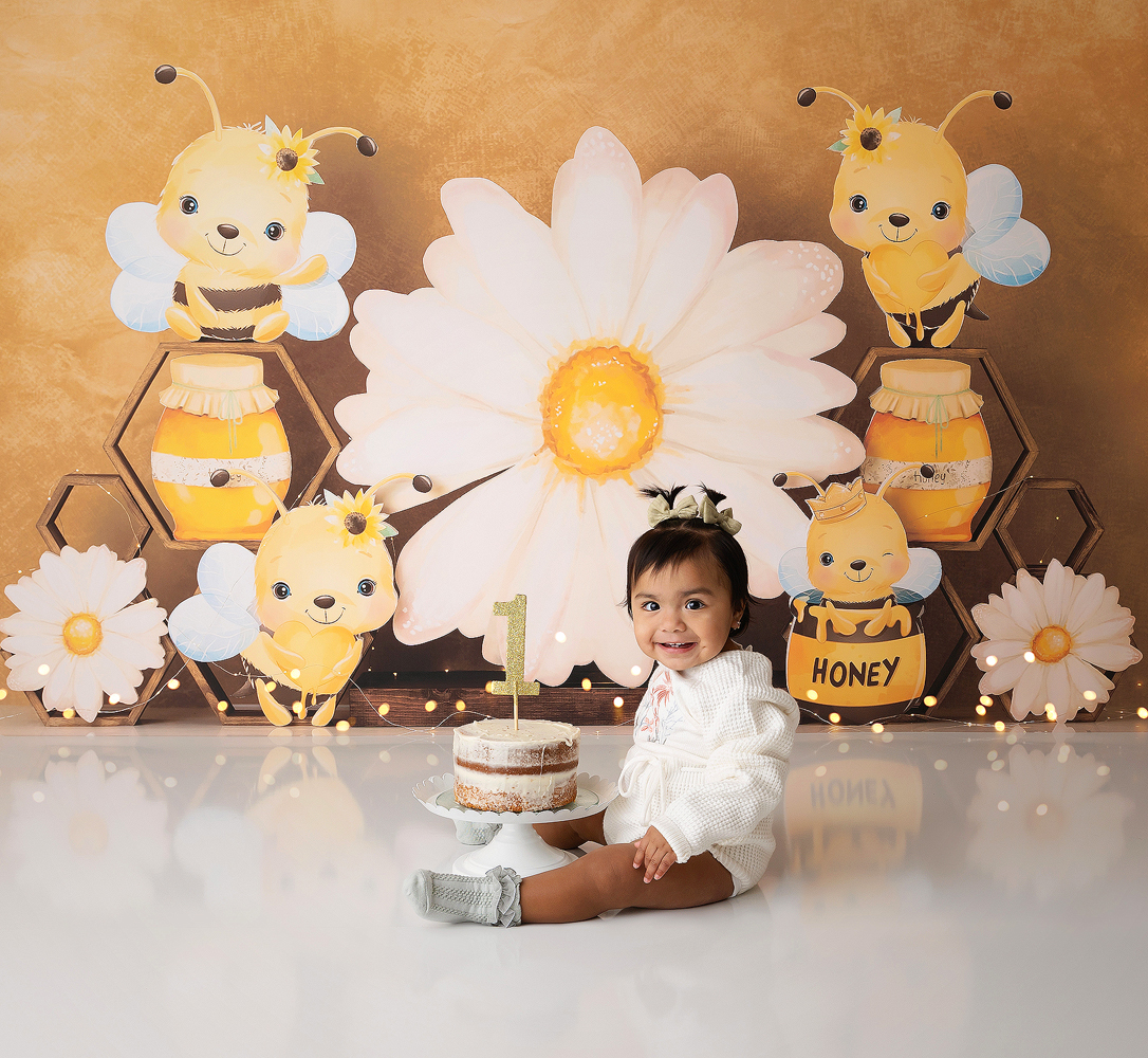 Honey Bee Themed Birthday Portraits, Fairies and Frogs Photography, Cake Smash Photo Session
